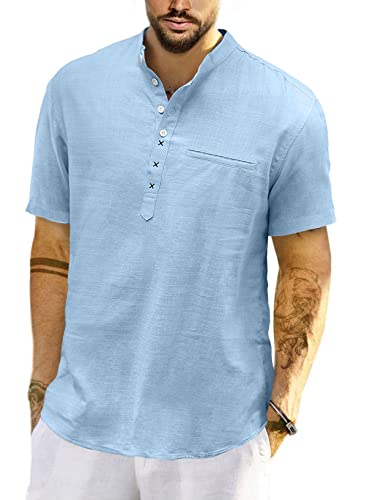 Men's Cotton Linen Shirt Short Sleeve Henley Summer Shirt