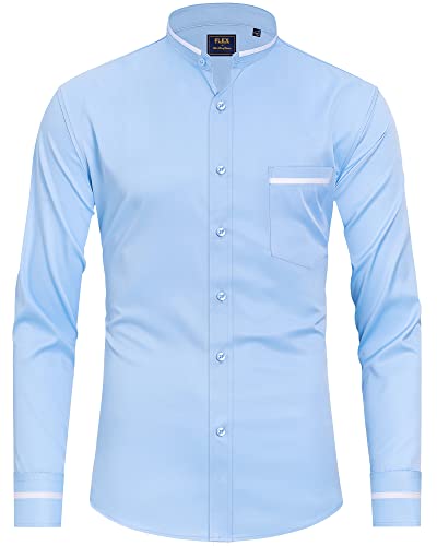 Mandarin Collar Casual Button Down  Long Sleeve Shirt with Pocket