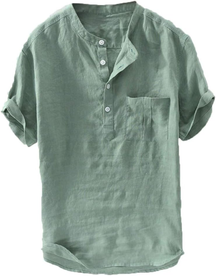 Men's short-sleeved Henley  cotton linen casual shirt
