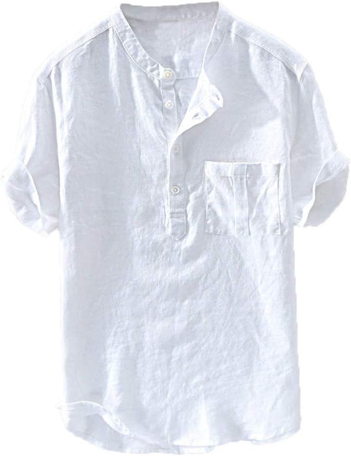 Men's short-sleeved Henley  cotton linen casual shirt