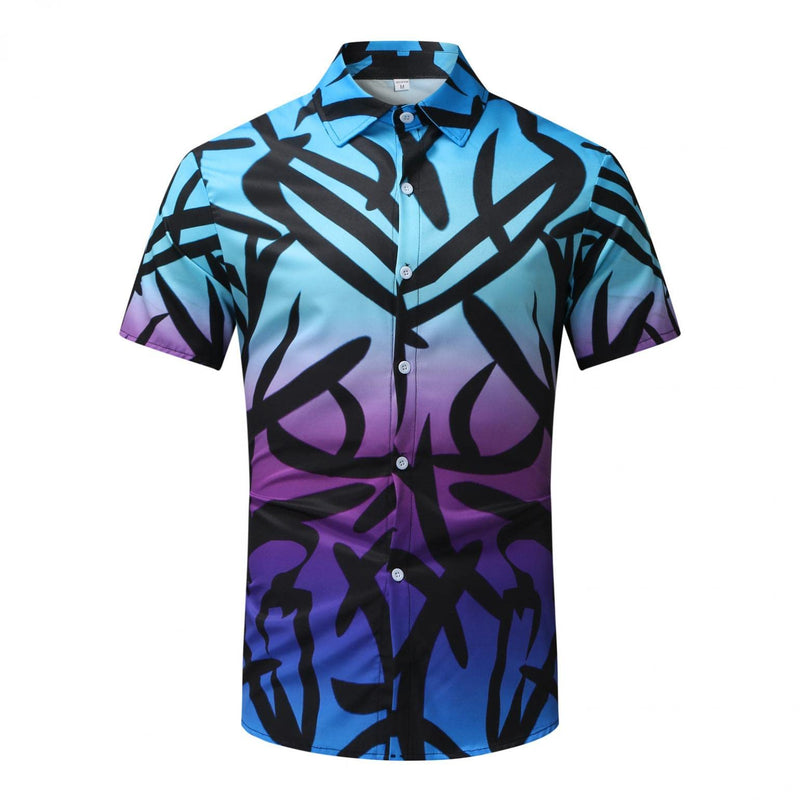 Men's Short Sleeve Printed Splice Pattern Casual Fashion Lapel Shirt