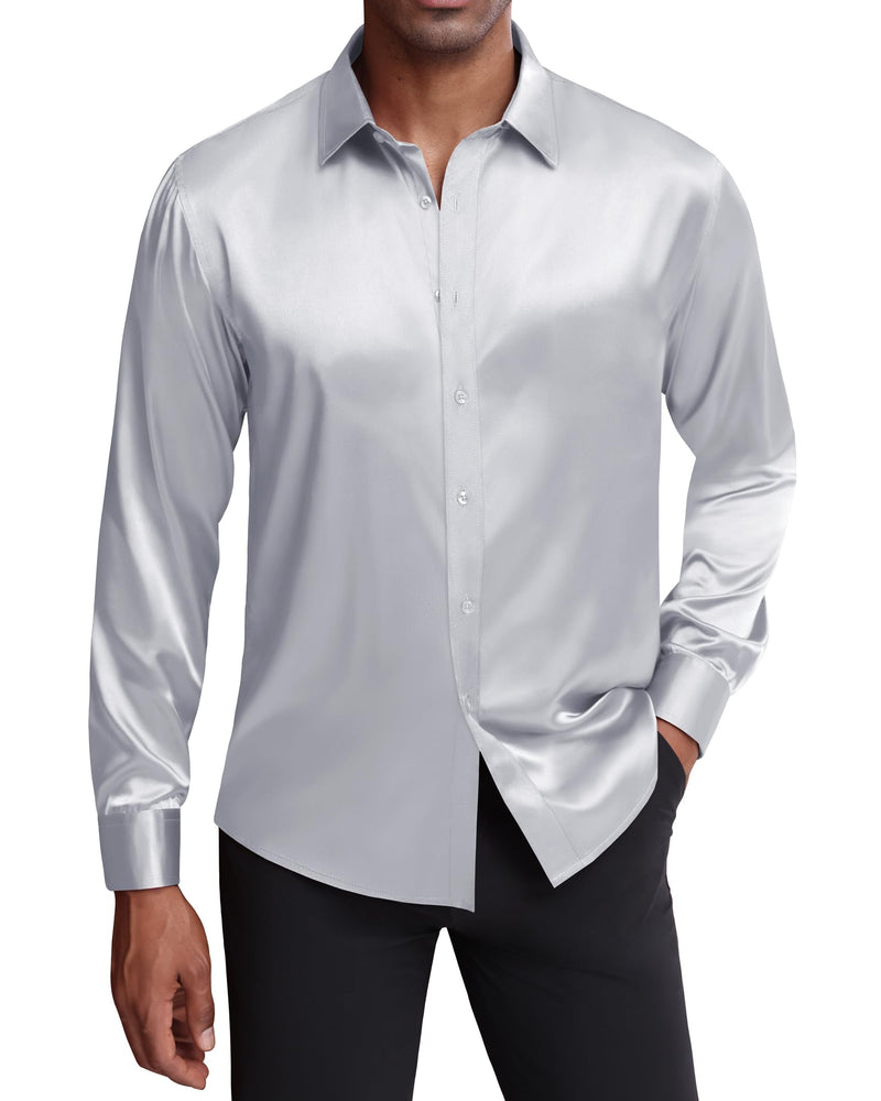 Silk Satin Long Sleeve Shiny Casual Button Down Shirt Luxury Shirts