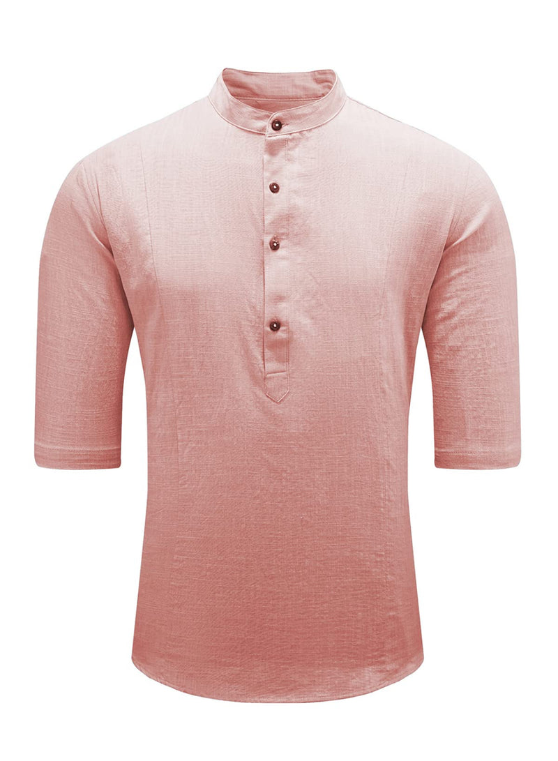 Men's Cotton Linen Shirt Short Sleeve Henley Summer Shirt