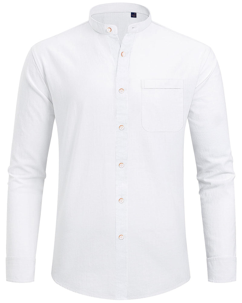 Cotton Linen Long Sleeve Casual Button Down Banded Collar Shirt