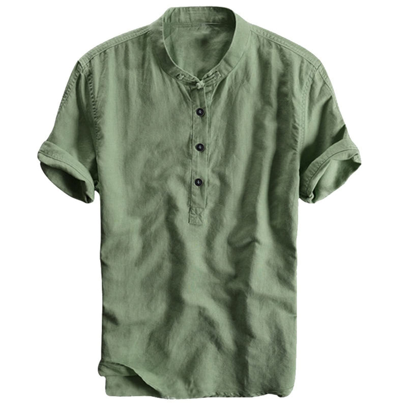 Men's short-sleeved Henley  cotton linen casual shirt