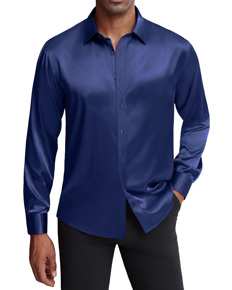 Silk Satin Long Sleeve Shiny Casual Button Down Shirt Luxury Shirts