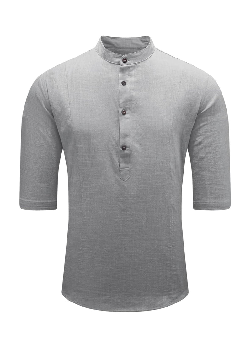 Men's Cotton Linen Shirt Short Sleeve Henley Summer Shirt