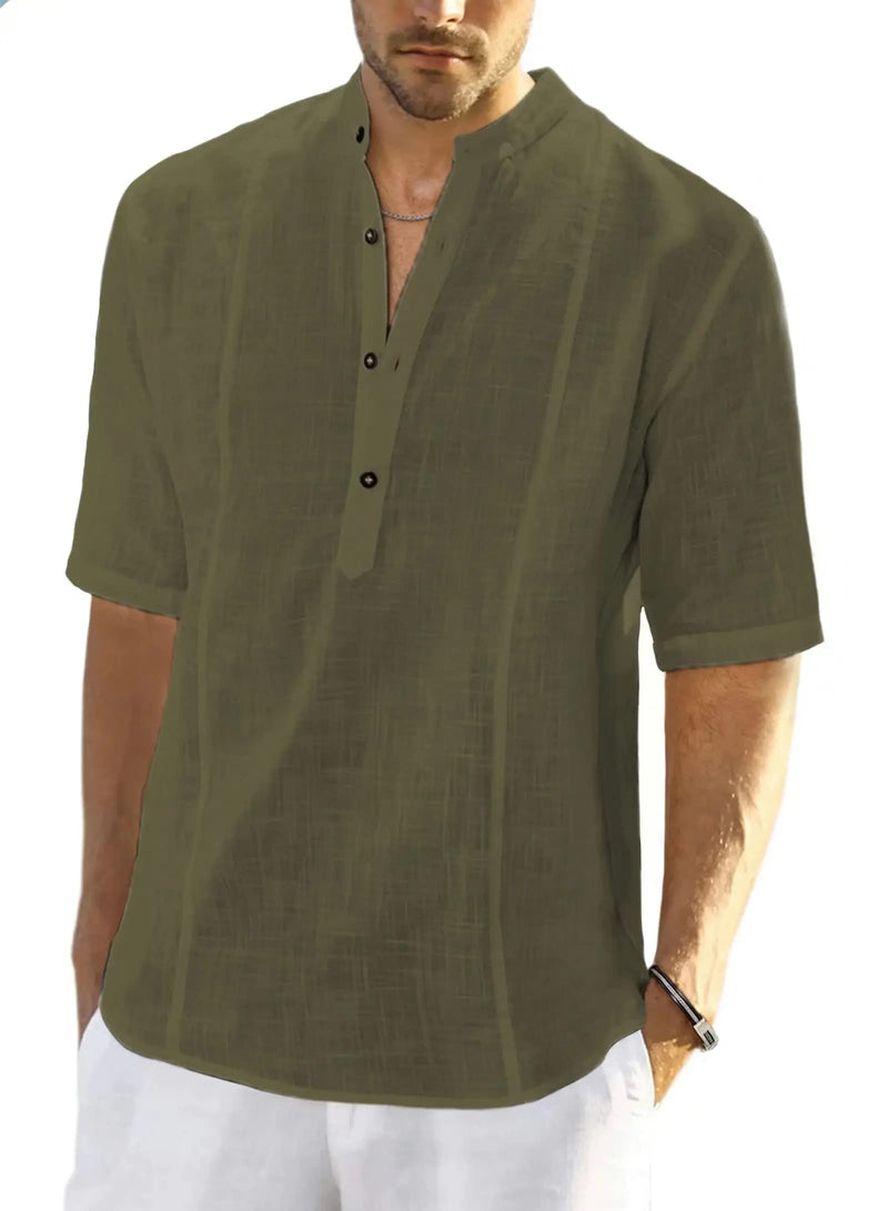 Men's Cotton Linen Shirt Short Sleeve Henley Summer Shirt