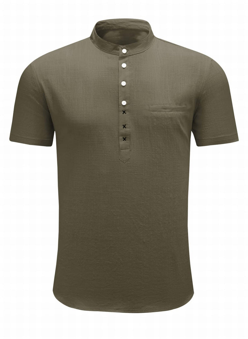 Men's Cotton Linen Shirt Short Sleeve Henley Summer Shirt