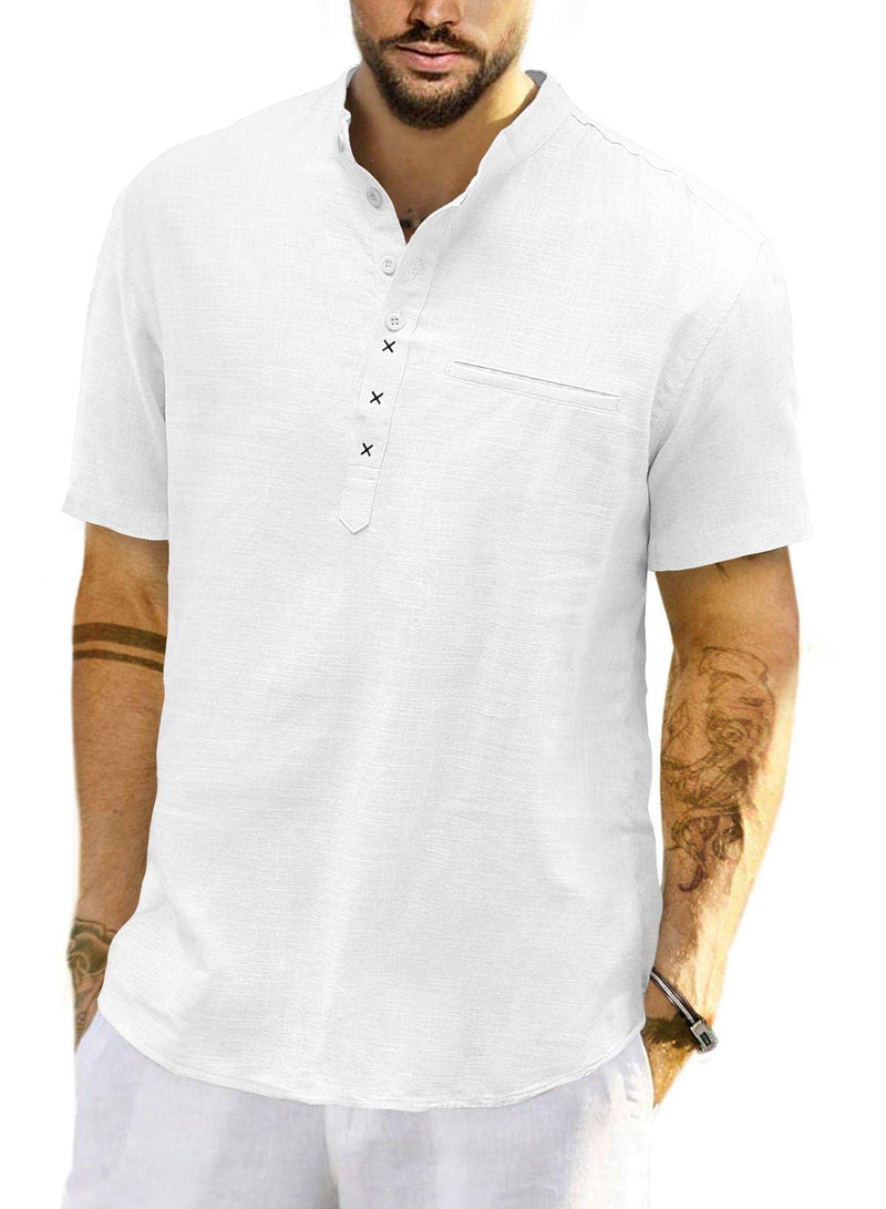 Men's Cotton Linen Shirt Short Sleeve Henley Summer Shirt