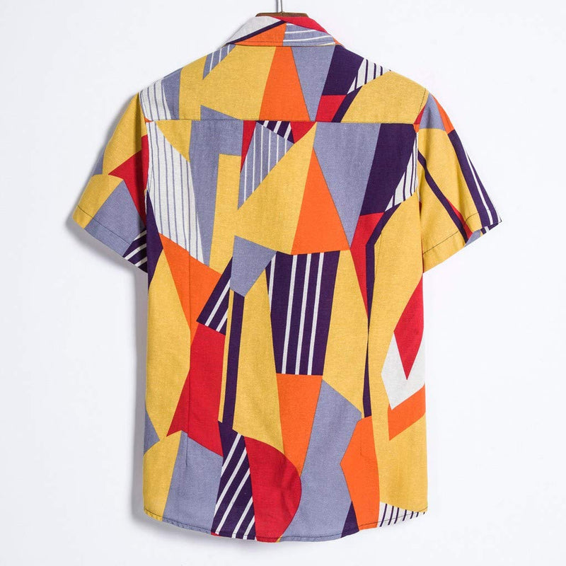 Short Sleeve Regular Fit Linen Blouse Ethnic Printing Hawaiian Shirt