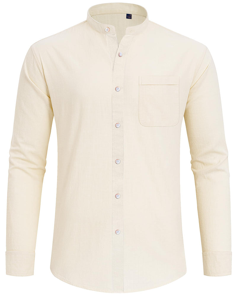 Cotton Linen Long Sleeve Casual Button Down Banded Collar Shirt