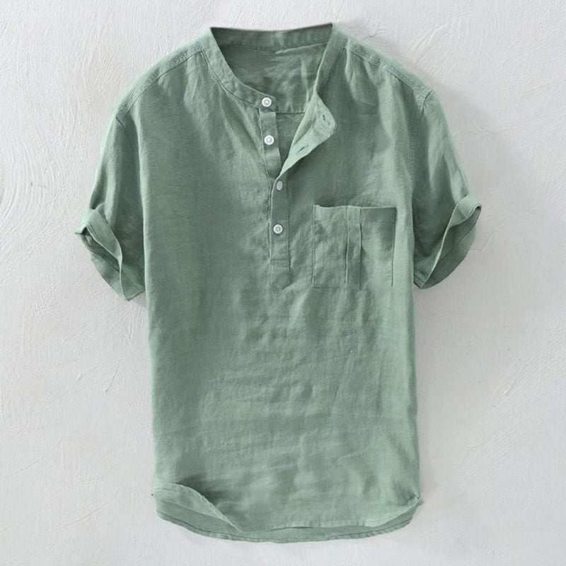 Men's short-sleeved Henley  cotton linen casual shirt