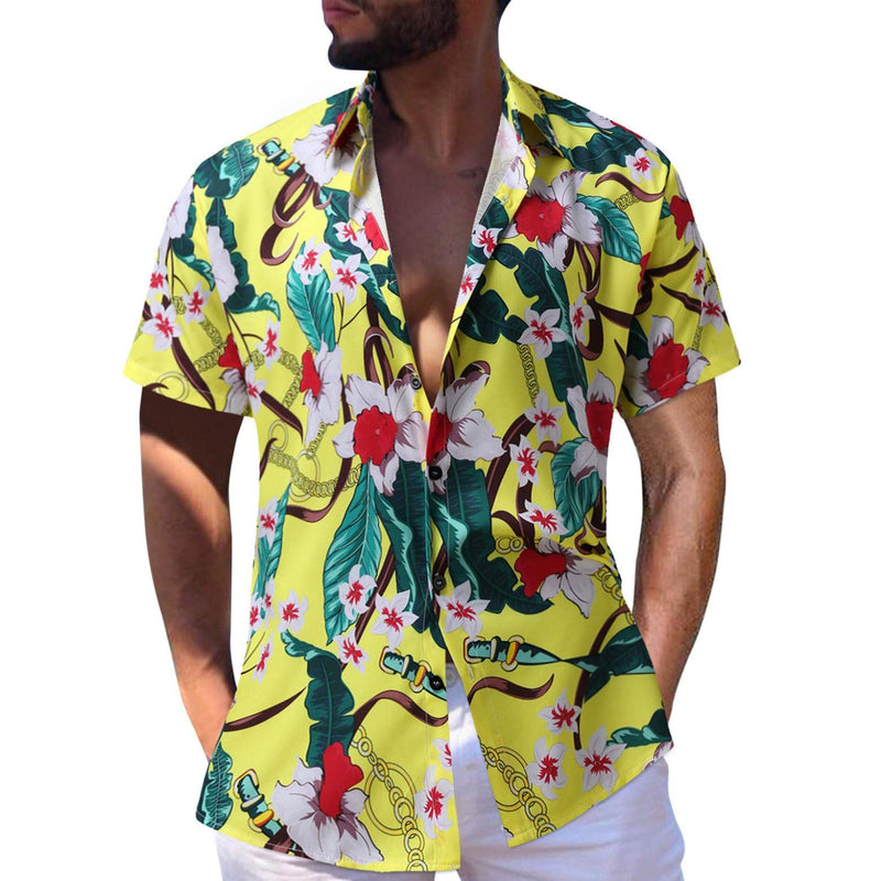 Men's Short Sleeve Printed Splice Pattern Casual Fashion Lapel Shirt