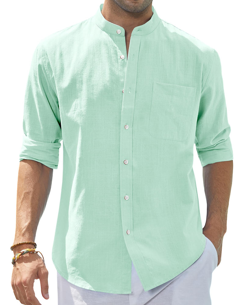 Cotton Linen Long Sleeve Casual Button Down Banded Collar Shirt