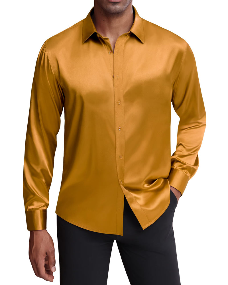 Silk Satin Long Sleeve Shiny Casual Button Down Shirt Luxury Shirts