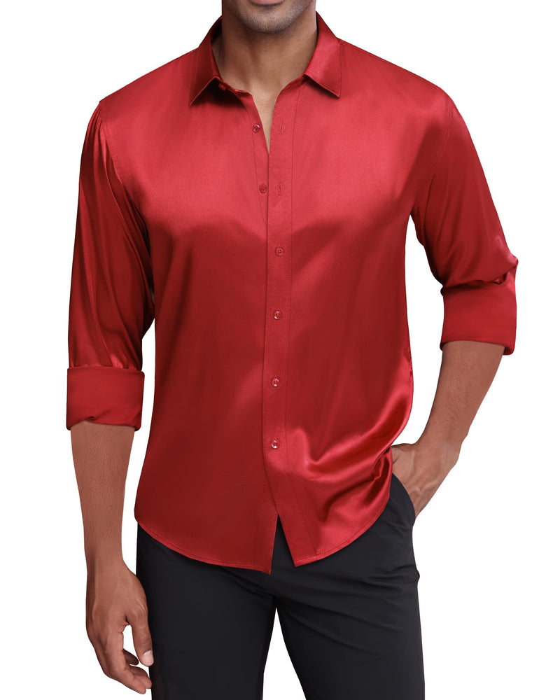 Silk Satin Long Sleeve Shiny Casual Button Down Shirt Luxury Shirts