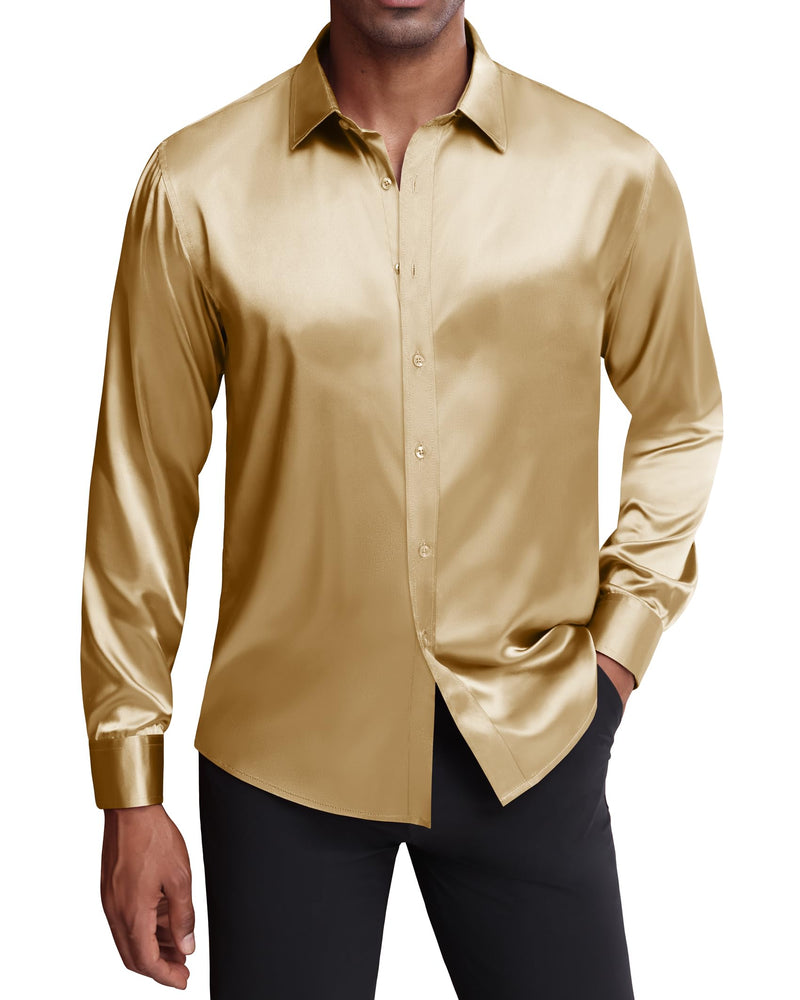 Silk Satin Long Sleeve Shiny Casual Button Down Shirt Luxury Shirts