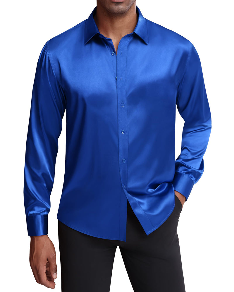 Silk Satin Long Sleeve Shiny Casual Button Down Shirt Luxury Shirts