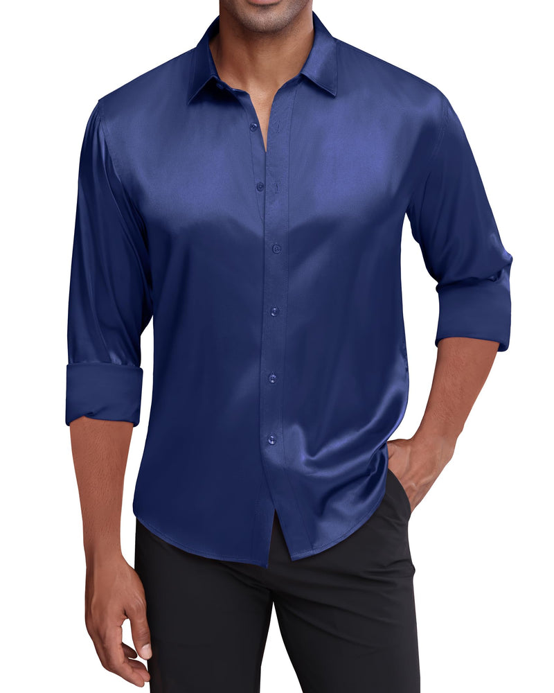 Silk Satin Long Sleeve Shiny Casual Button Down Shirt Luxury Shirts