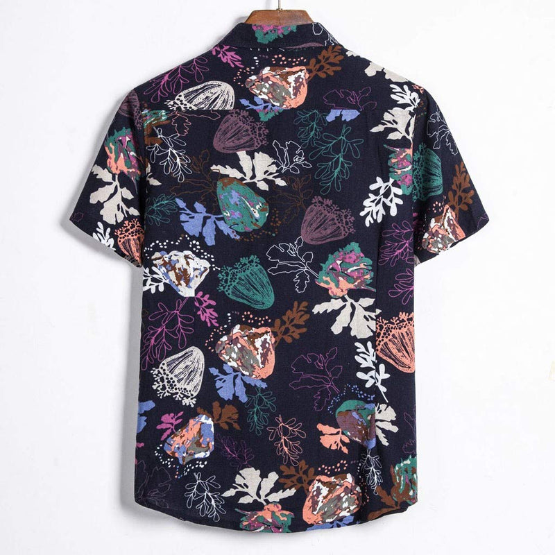 Short Sleeve Regular Fit Linen Blouse Ethnic Printing Hawaiian Shirt