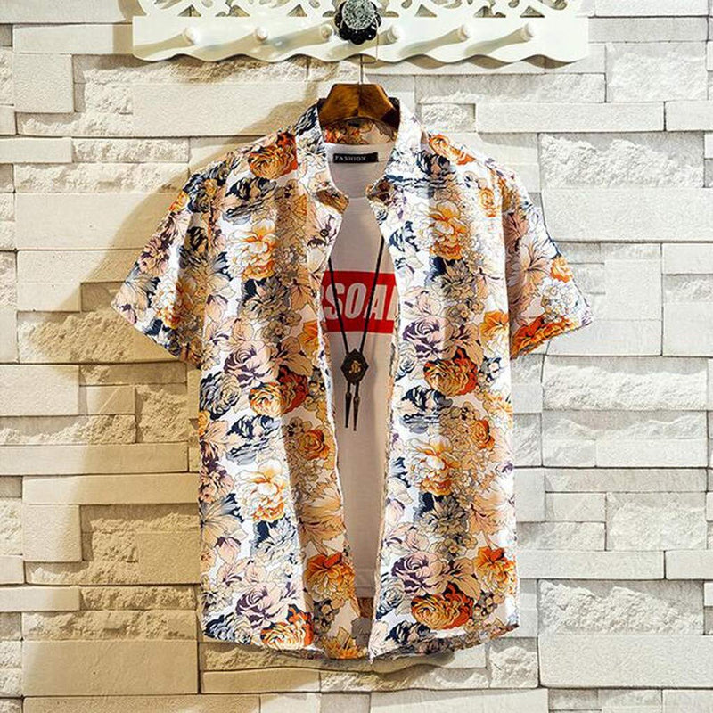 Men's Short Sleeve Printed Splice Pattern Casual Fashion Lapel Shirt