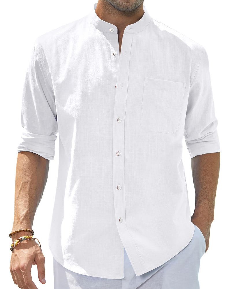 Cotton Linen Long Sleeve Casual Button Down Banded Collar Shirt