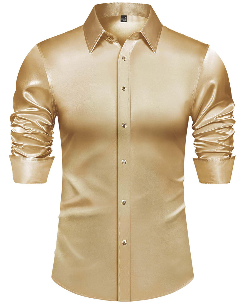 Silk Satin Long Sleeve Shiny Casual Button Down Shirt Luxury Shirts