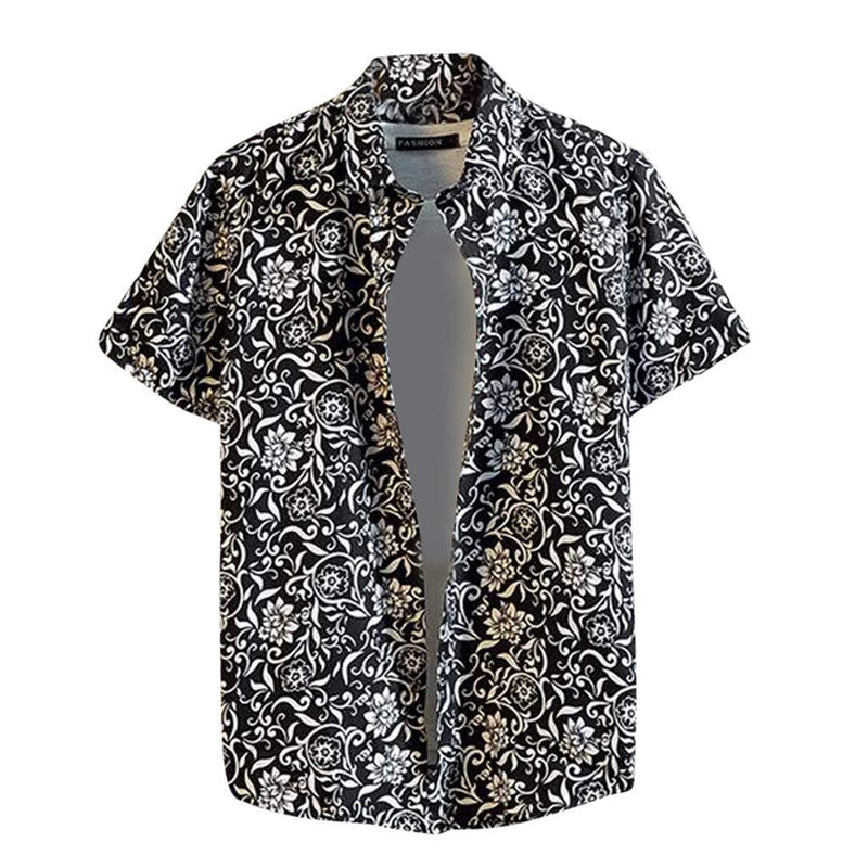 Men's Short Sleeve Printed Splice Pattern Casual Fashion Lapel Shirt