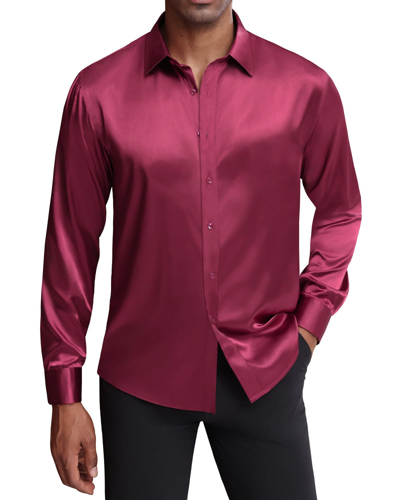 Silk Satin Long Sleeve Shiny Casual Button Down Shirt Luxury Shirts