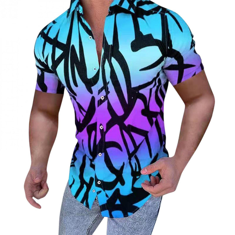 Men's Short Sleeve Printed Splice Pattern Casual Fashion Lapel Shirt