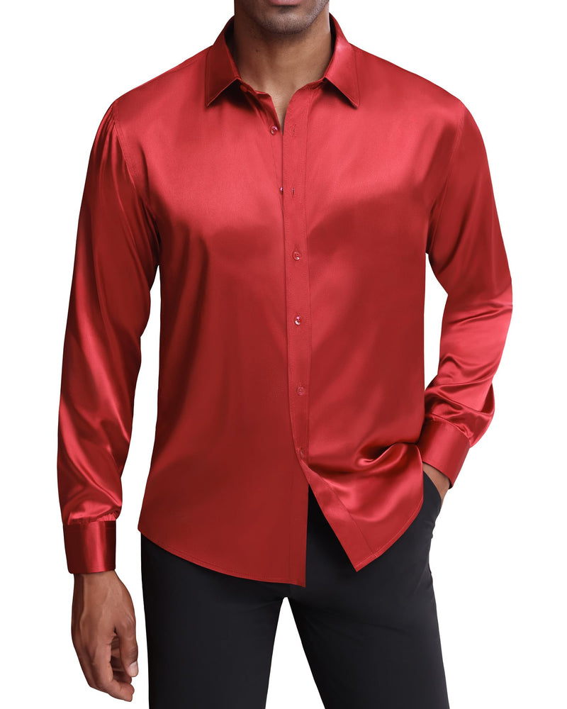 Silk Satin Long Sleeve Shiny Casual Button Down Shirt Luxury Shirts