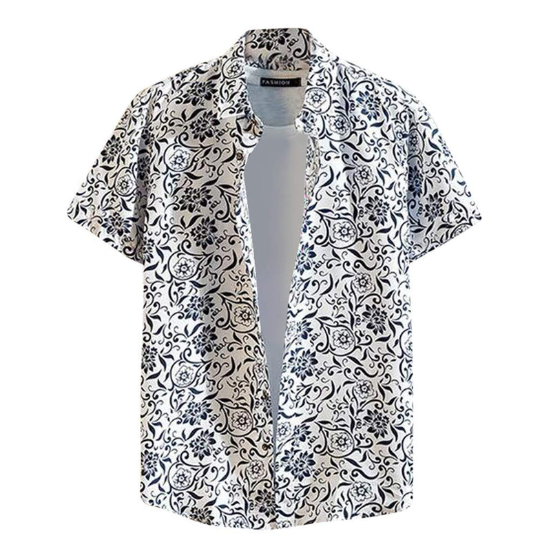 Men's Short Sleeve Printed Splice Pattern Casual Fashion Lapel Shirt