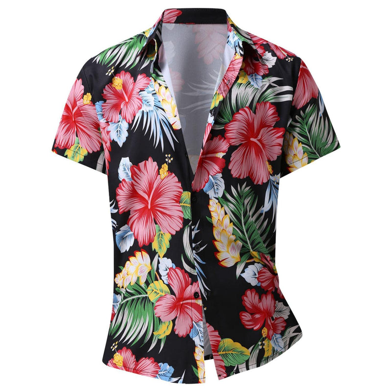 Men's Short Sleeve Printed Splice Pattern Casual Fashion Lapel Shirt