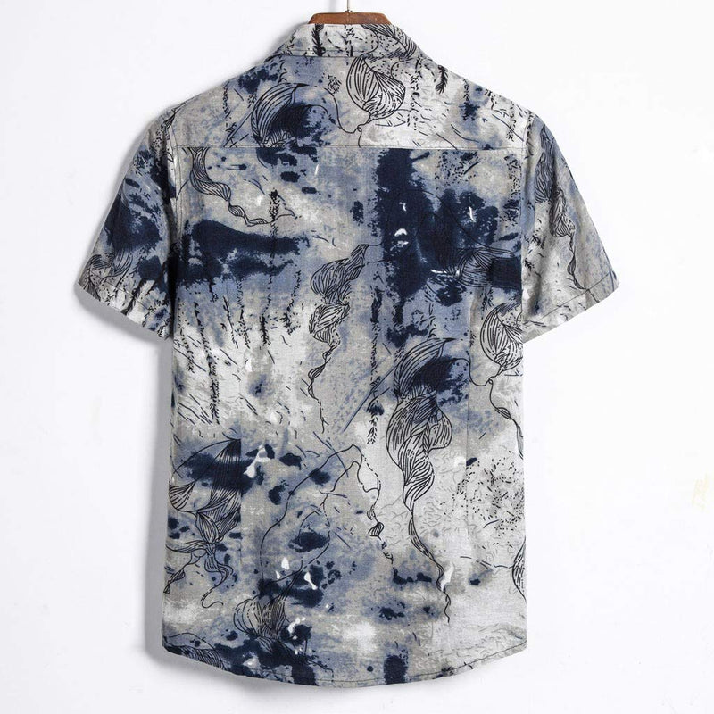 Short Sleeve Regular Fit Linen Blouse Ethnic Printing Hawaiian Shirt