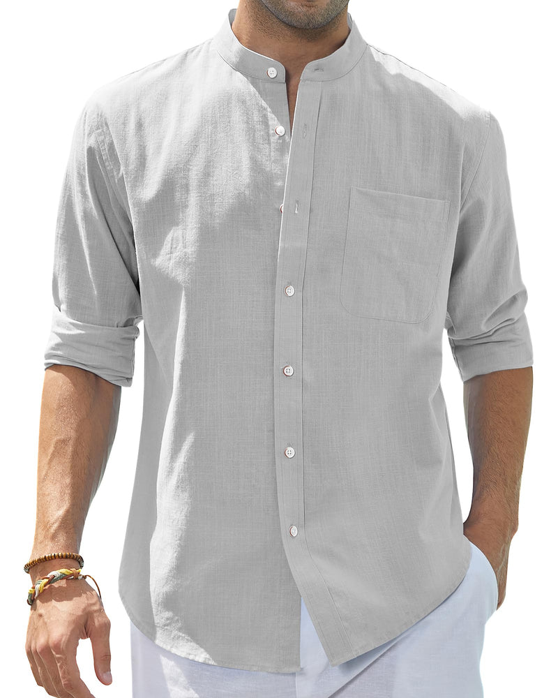 Cotton Linen Long Sleeve Casual Button Down Banded Collar Shirt