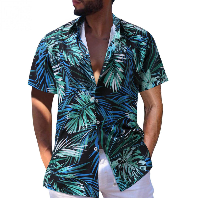 Men's Short Sleeve Printed Splice Pattern Casual Fashion Lapel Shirt