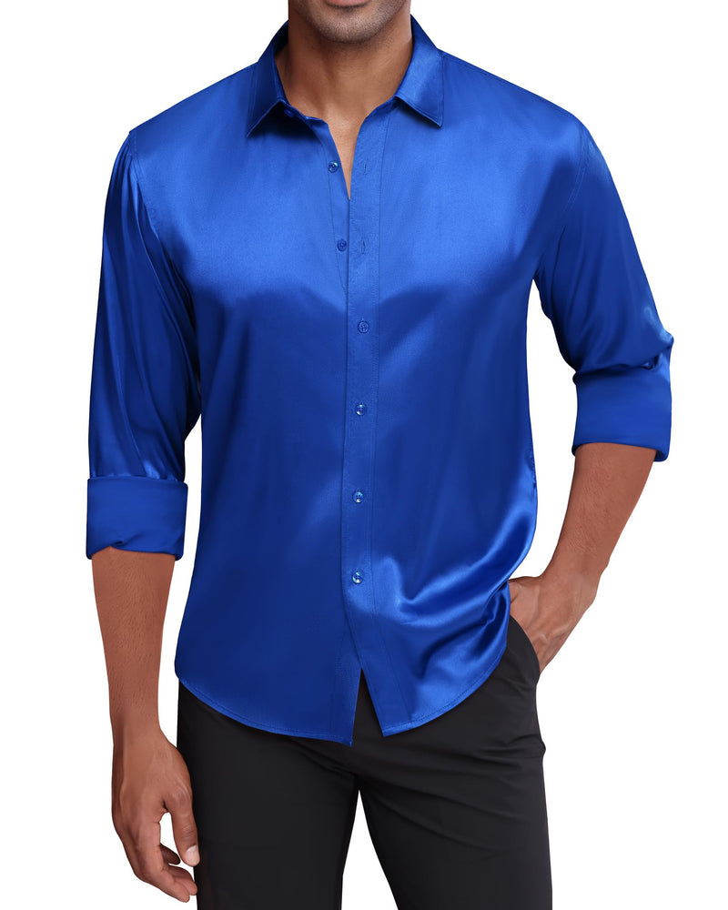 Silk Satin Long Sleeve Shiny Casual Button Down Shirt Luxury Shirts