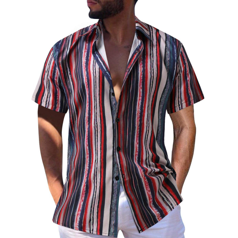 Men's Short Sleeve Printed Splice Pattern Casual Fashion Lapel Shirt