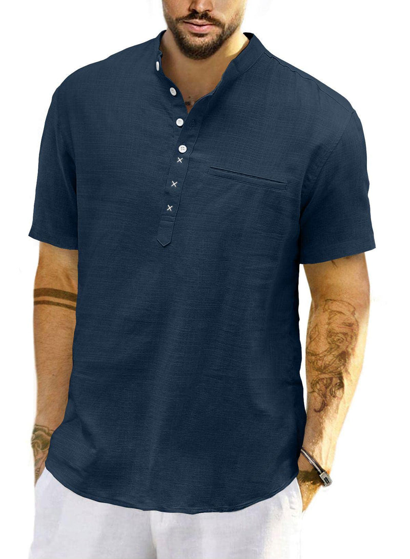 Men's Cotton Linen Shirt Short Sleeve Henley Summer Shirt