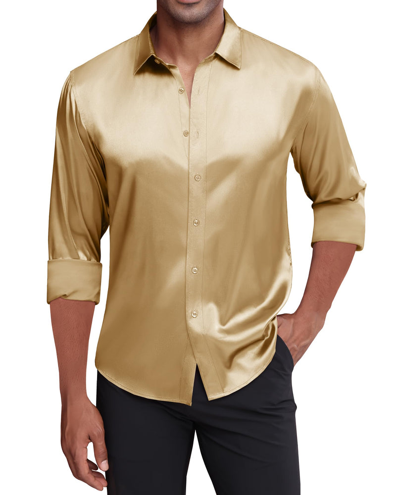 Silk Satin Long Sleeve Shiny Casual Button Down Shirt Luxury Shirts