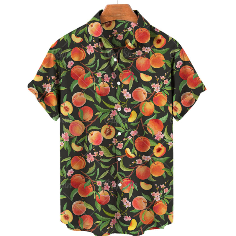 Aloha Shirts Fruit Peach Pattern Printed Short Sleeve Shirt