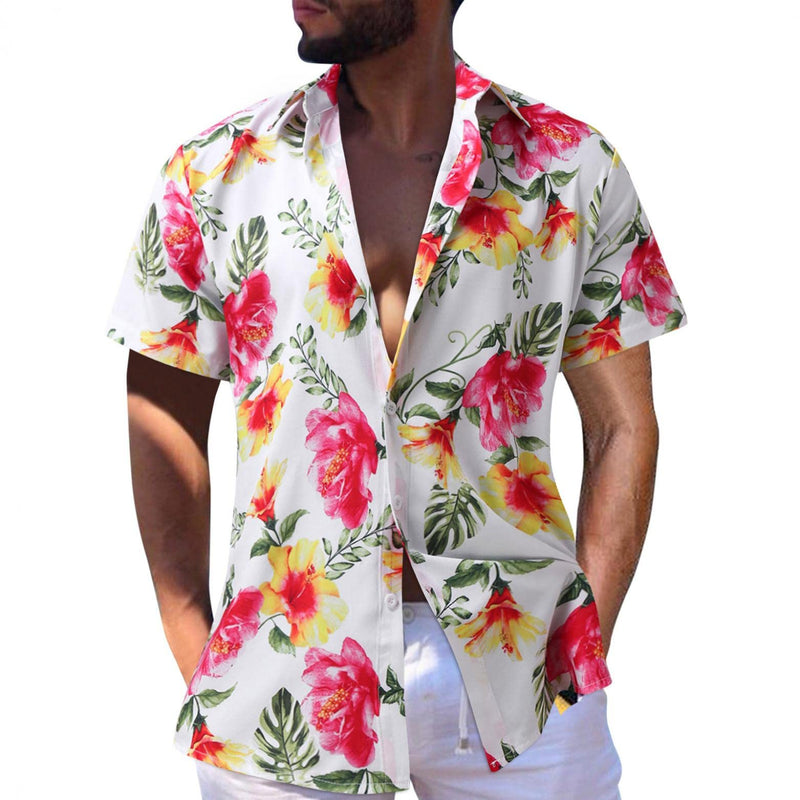 Men's Short Sleeve Printed Splice Pattern Casual Fashion Lapel Shirt