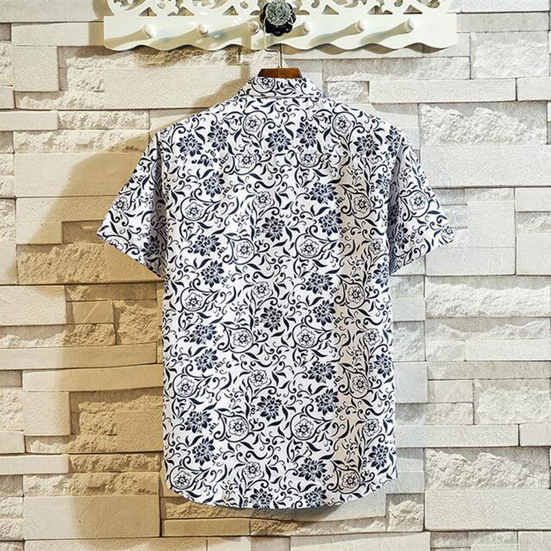 Men's Short Sleeve Printed Splice Pattern Casual Fashion Lapel Shirt