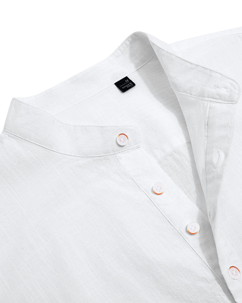 Cotton Linen Long Sleeve Casual Button Down Banded Collar Shirt