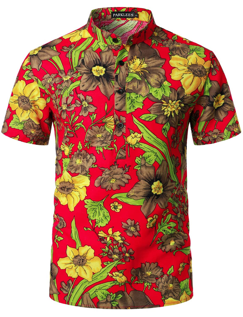 Cotton Linen Floral Print Casual Short Sleeve Grandad Collar Shirt