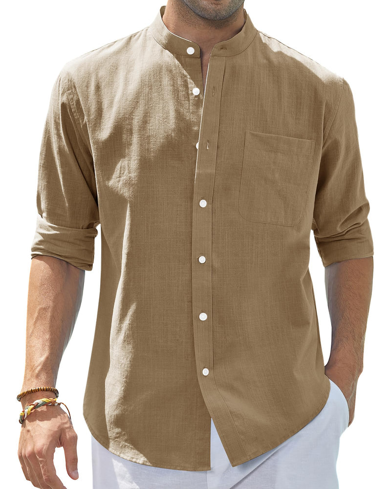 Cotton Linen Long Sleeve Casual Button Down Banded Collar Shirt