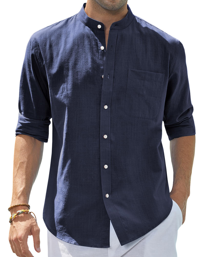 Cotton Linen Long Sleeve Casual Button Down Banded Collar Shirt