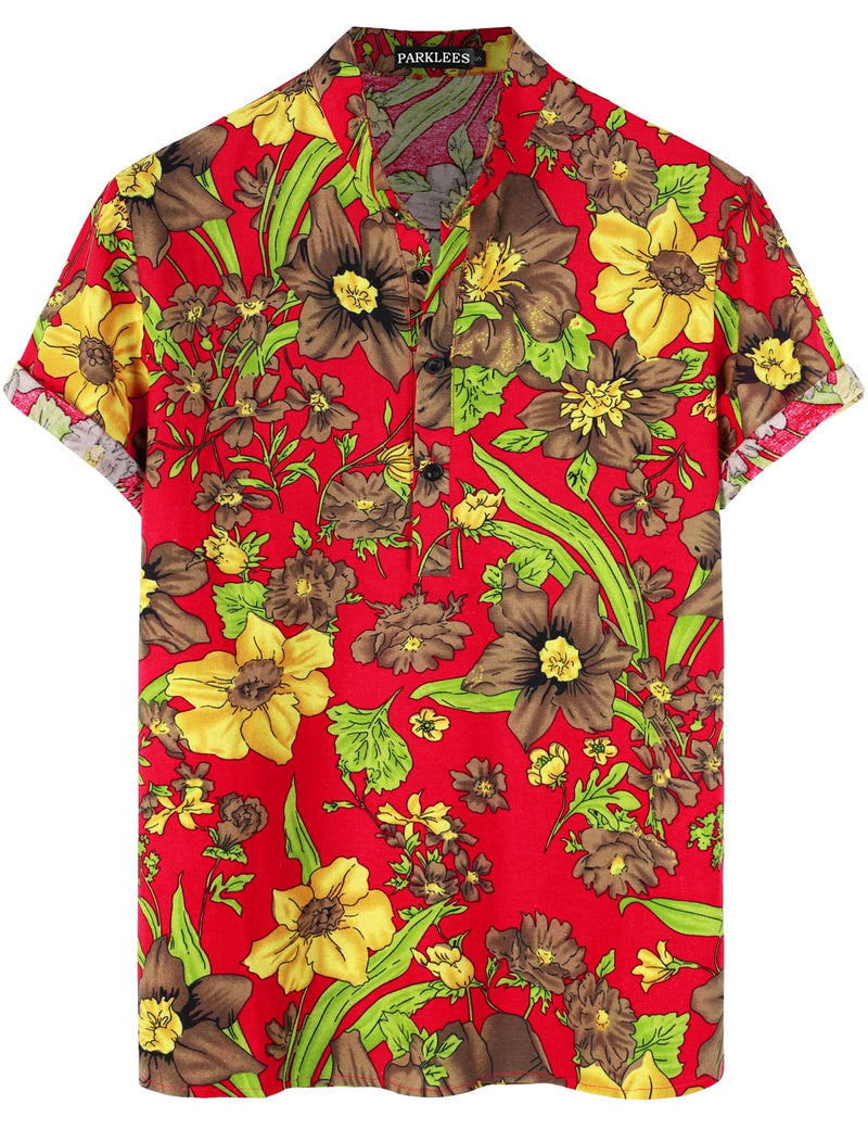 Cotton Linen Floral Print Casual Short Sleeve Grandad Collar Shirt