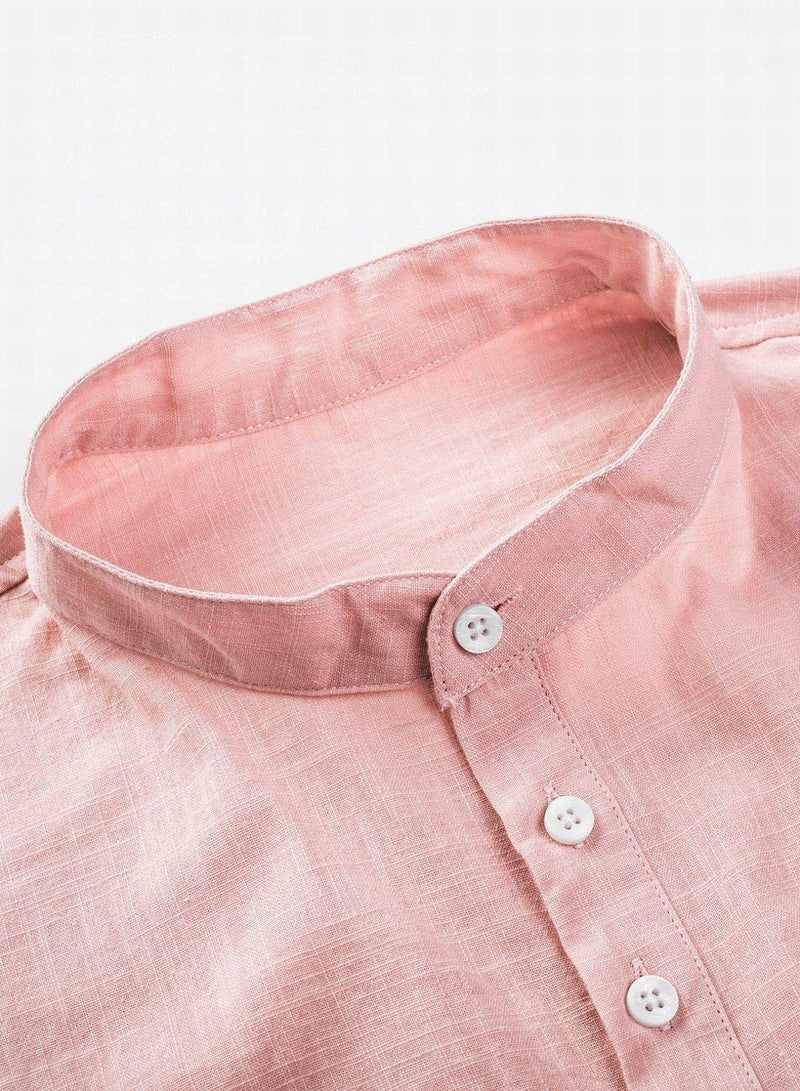 Men's Cotton Linen Shirt Short Sleeve Henley Summer Shirt